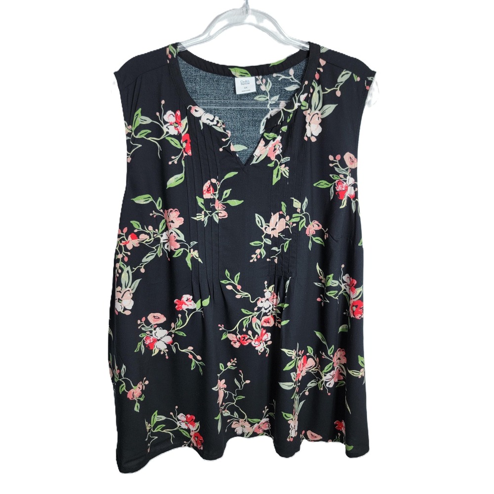 Croft & Barrow Womens 3X Tank Top Black Floral Pintuck Pleat Rayon Blouse